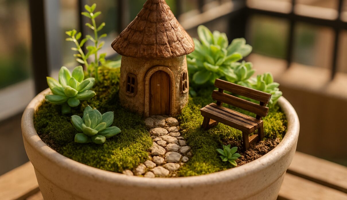 Fairy ideas for the garden in a small container with tiny house