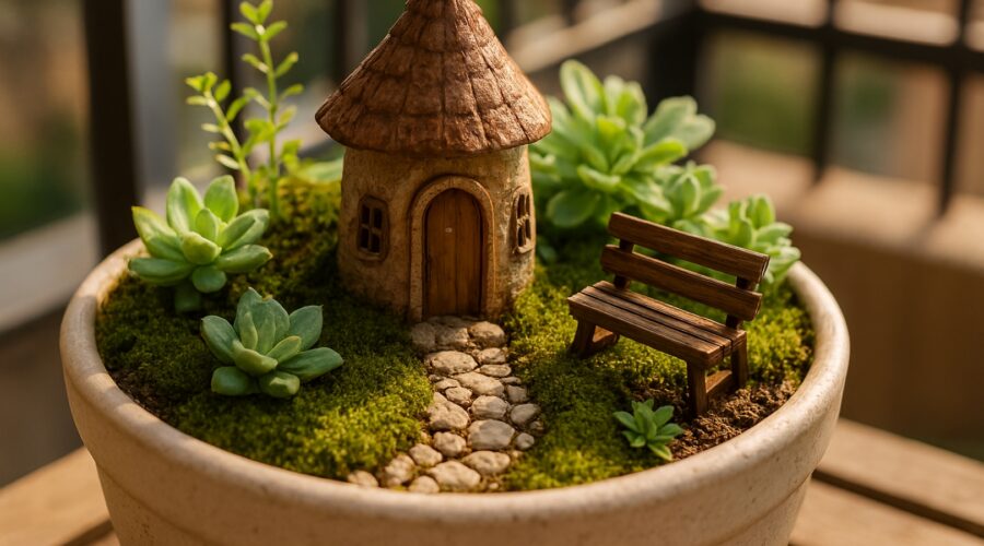 Fairy ideas for the garden in a small container with tiny house