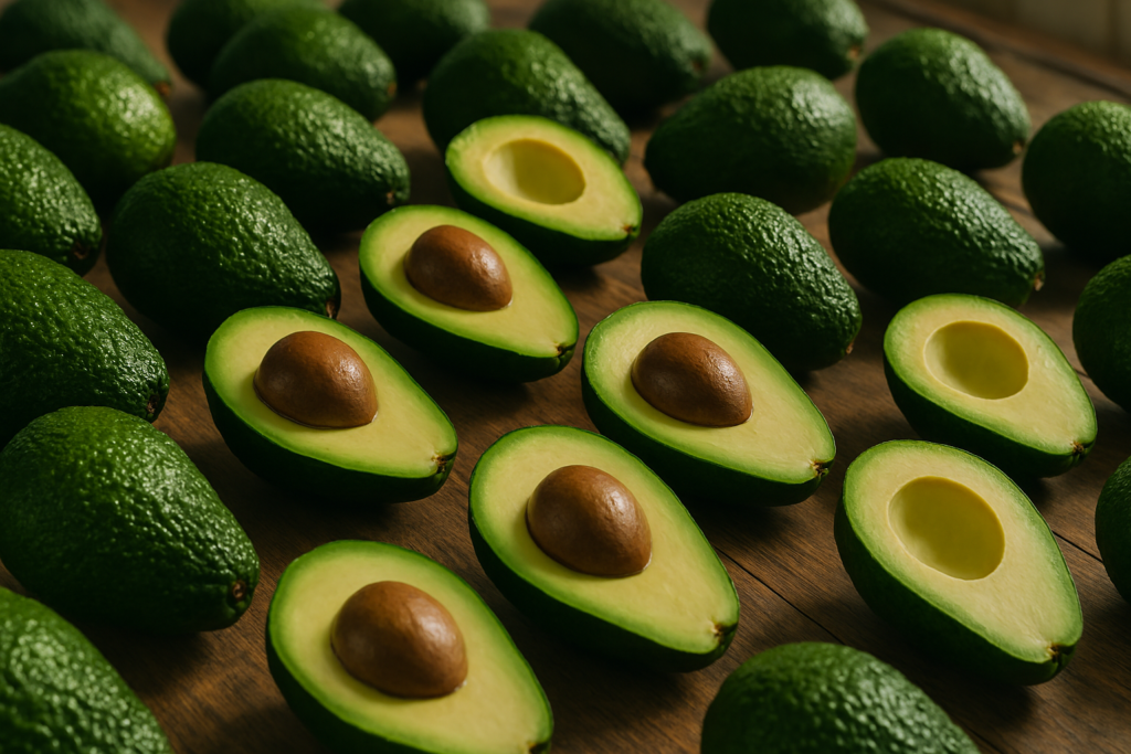 Ripe avocado cut in half showing the seed with whole fresh avocados arranged around it.