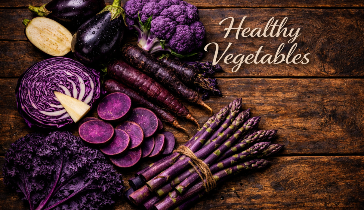 purple vegetables variety including eggplant cabbage carrots and sweet potatoes on table