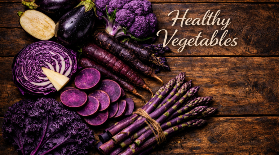 purple vegetables variety including eggplant cabbage carrots and sweet potatoes on table