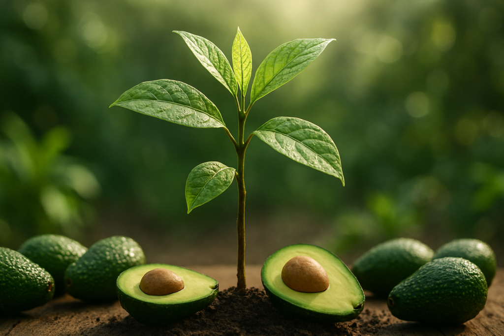 How to grow avocado from pit, young plant growing in soil with cut avocado beside it.