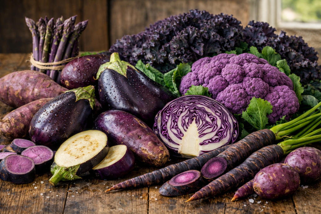 Fresh purple vegetables including eggplant, cabbage, cauliflower and carrots