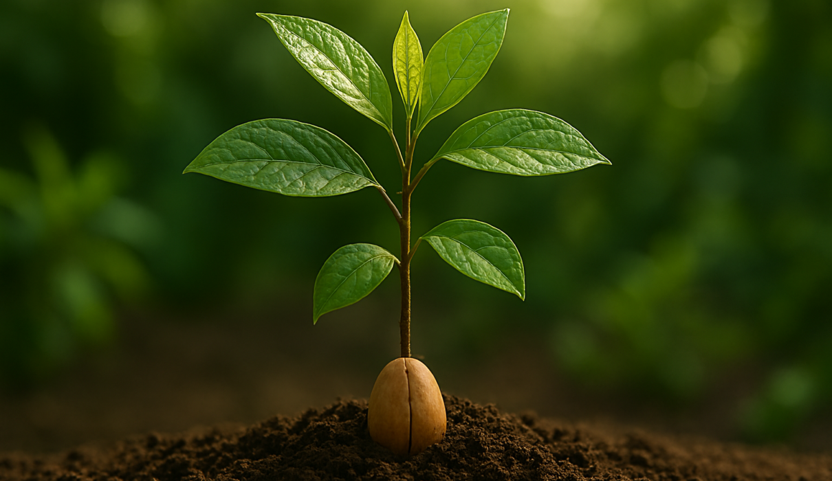 Avocado plant growing from seed at home in natural light.