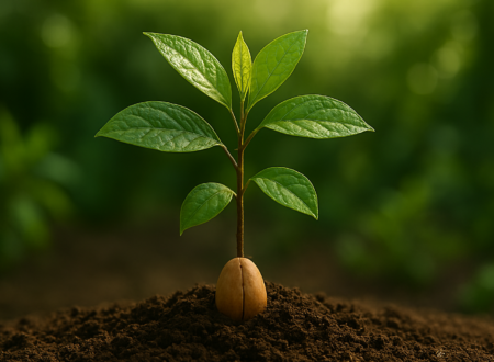 Avocado plant growing from seed at home in natural light.