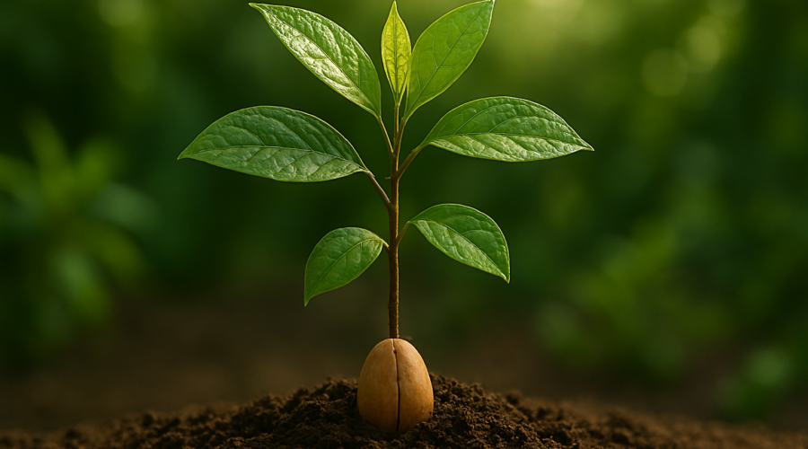 Avocado plant growing from seed at home in natural light.